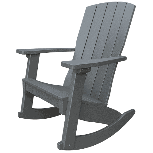 Gray poly lumber Coastal Rocker chair with tall supportive back and wide armrests designed for outdoor use and smooth rocking motion.