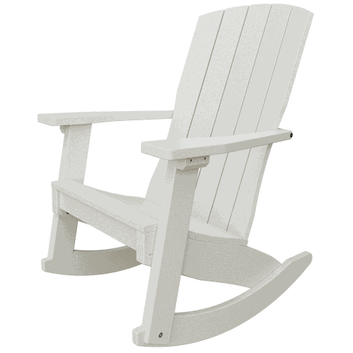 White Coastal Rocker outdoor chair with high back, wide armrests, and smooth rocking motion made from durable weather-resistant poly lumber.
