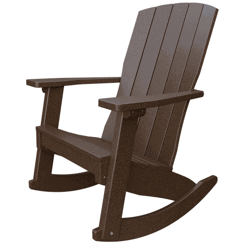 Brown weather-resistant poly lumber Coastal Rocker chair with high back and wide armrests designed for outdoor use