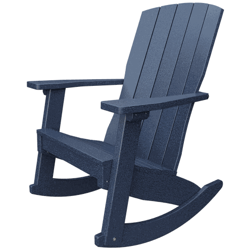 Coastal Rocker navy blue outdoor rocking chair made of weather-resistant poly lumber with a high back and wide armrests for porch relaxation