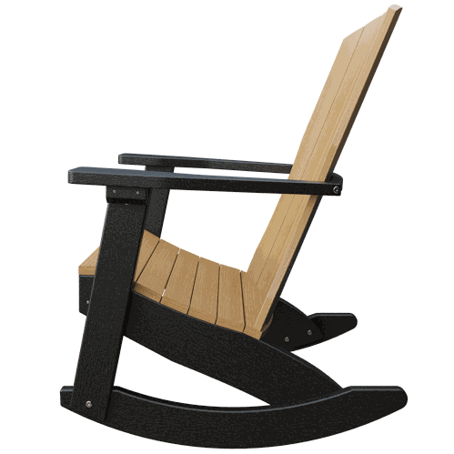 Coastal Rocker with weather-resistant poly lumber, high back, wide armrests, and smooth rocking motion for outdoor relaxation.