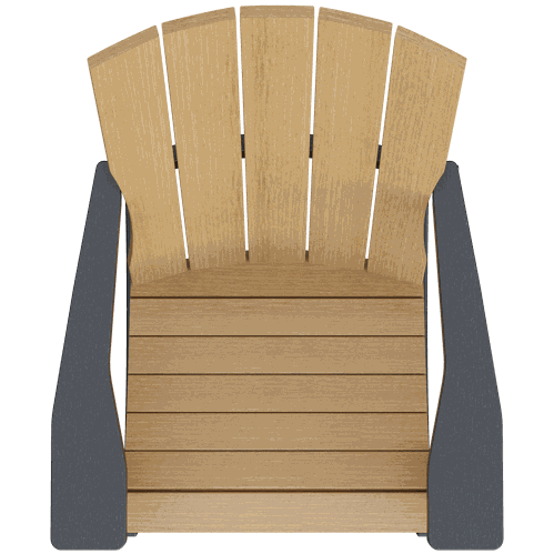 Top view of Coastal Rocker outdoor chair with tan slatted seat and backrest, and dark gray armrests.