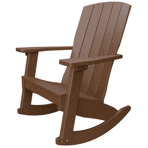 Brown weather-resistant poly lumber Coastal Rocker with high back and wide armrests designed for smooth rocking motion and outdoor use