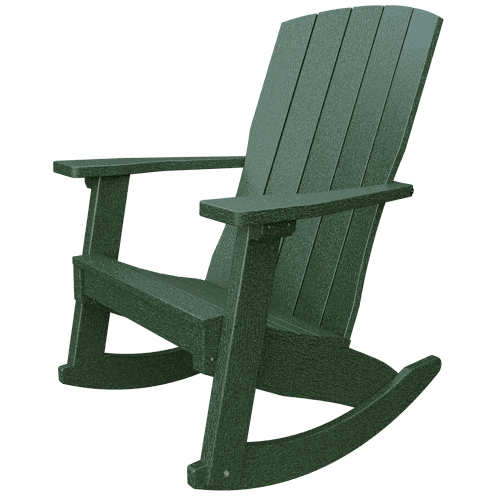 Green Coastal Rocker chair made of weather-resistant poly lumber with a high back and wide armrests for outdoor relaxation.