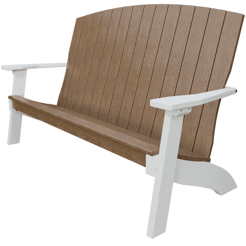 Coastal Bench with weather-resistant poly lumber, white armrests, and contoured brown seat for outdoor comfort and durability