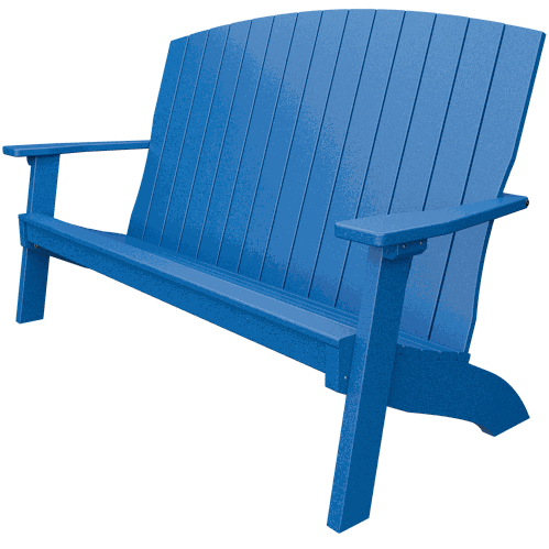 Blue durable weather-resistant outdoor coastal bench with armrests and contoured backrest