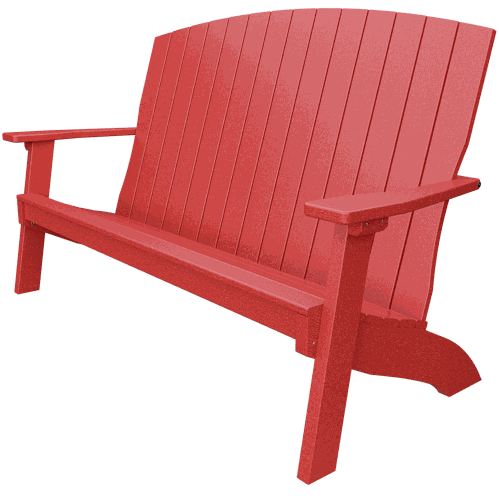 Red coastal bench with wide armrests and contoured back, made from weather-resistant poly lumber, ideal for outdoor patios and porches.