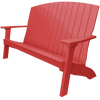 Red coastal bench with wide armrests and contoured back, made from weather-resistant poly lumber, ideal for outdoor patios and porches.