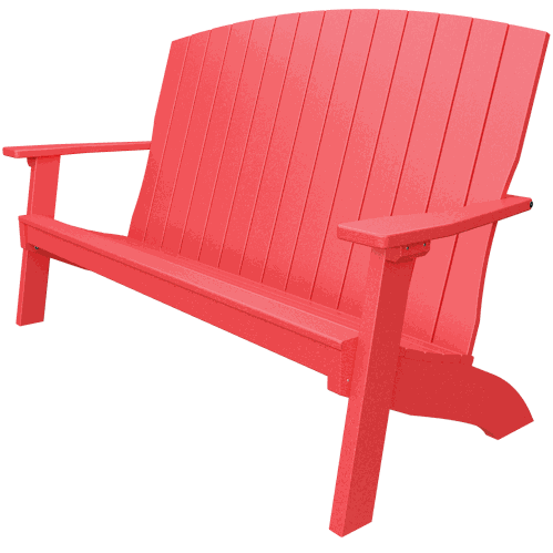 Red coastal bench with clean lines, wide armrests, and durable weather-resistant poly lumber design for outdoor seating.