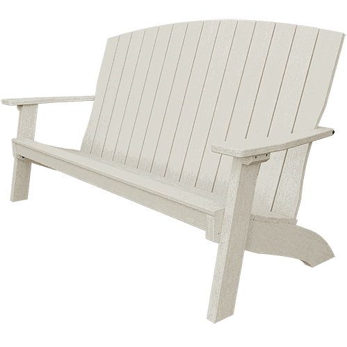 White coastal bench with contoured back and wide armrests made of weather-resistant poly lumber for outdoor use