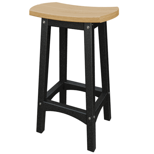 Coastal Barstool with weather-resistant black frame and natural wood-tone contoured seat for outdoor use