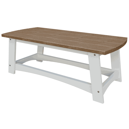 Coastal Coffee Table with brown slatted top and white sturdy poly lumber base designed for outdoor use