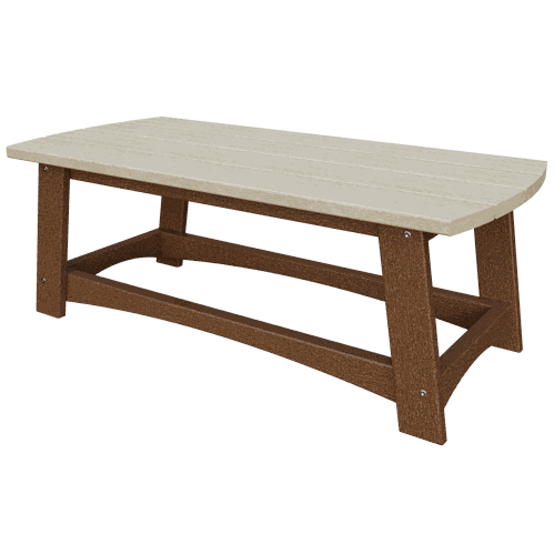 Coastal Coffee Table with beige slatted top and brown eco-friendly poly lumber base for outdoor use