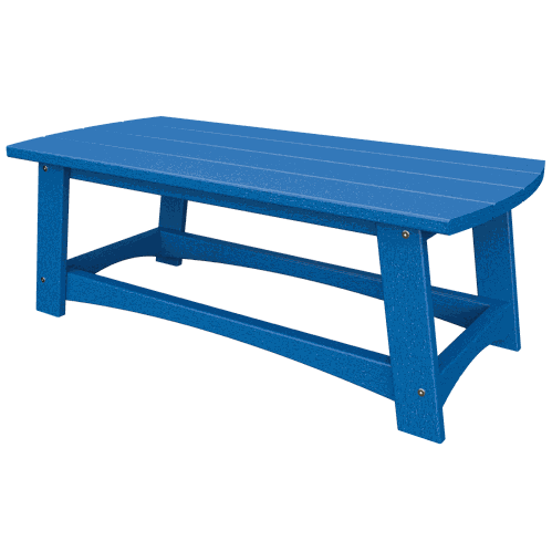 Blue durable coastal coffee table with slatted top and low-profile design for outdoor patios