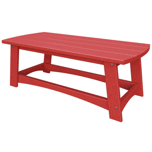 Red coastal coffee table made from durable, weather-resistant poly lumber with a slatted top and sturdy design.