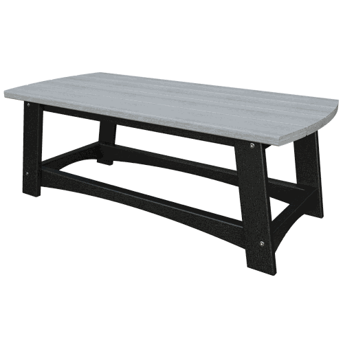 Coastal Coffee Table with slatted grey top and black sturdy poly lumber frame, weather-resistant and durable for outdoor use.