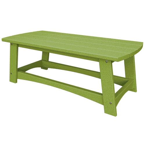 Green coastal coffee table made from weather-resistant poly lumber with a slatted top and sturdy design for outdoor patio use