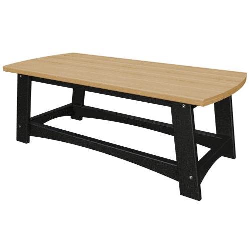 Coastal Coffee Table with slatted wooden top and black durable frame, weather-resistant outdoor patio furniture.