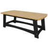 Coastal Coffee Table with slatted wooden top and black durable frame, weather-resistant outdoor patio furniture.