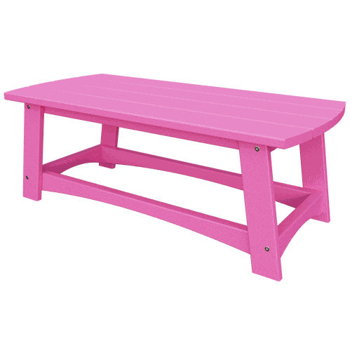 Pink coastal coffee table with slatted top made from weather-resistant poly lumber for outdoor use