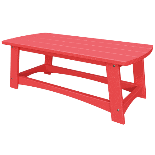 Red coastal coffee table with slatted top and sturdy poly lumber construction for outdoor use