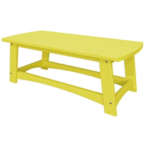 Yellow coastal coffee table with slatted top and sturdy poly lumber construction for outdoor use