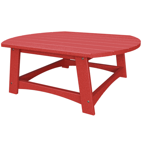 Red coastal conversation table made from durable, weather-resistant poly lumber with a spacious, slatted top and sturdy legs.