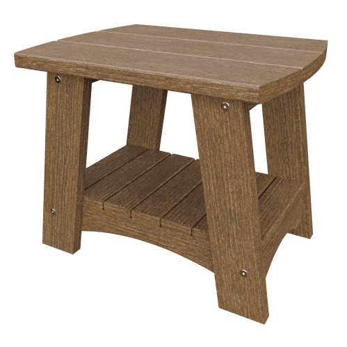Weather-resistant brown coastal end table with lower shelf for outdoor use