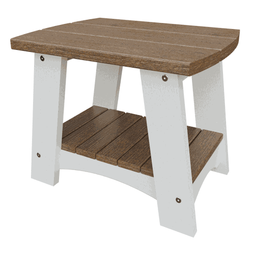 Coastal End Table made of weather-resistant poly lumber with brown top and shelf and white legs for outdoor use