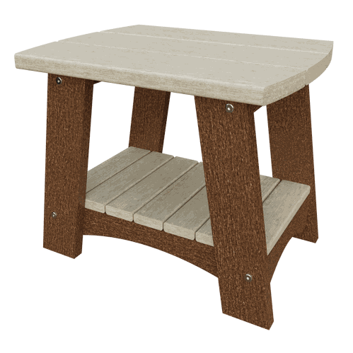 Coastal End Table made of weather-resistant poly lumber with a two-tone wood finish, compact and sturdy for outdoor use.