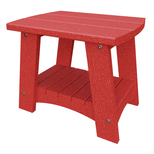 Red Coastal End Table made from weather-resistant recycled poly lumber with sturdy construction and a compact design suitable for outdoor patios.