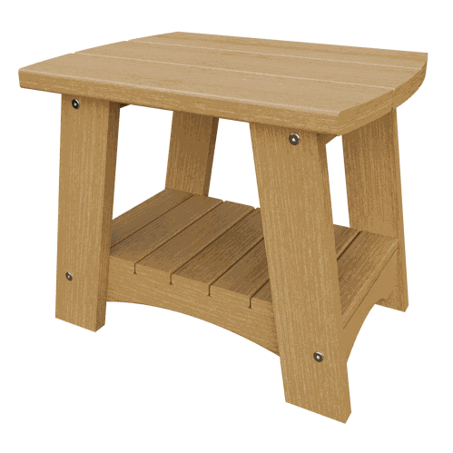 Coastal End Table made of weather-resistant poly lumber with a natural wood finish and lower shelf for outdoor use