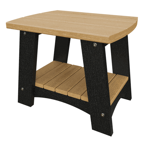 Coastal End Table made of weather-resistant poly lumber with a two-tone wood and black finish, designed for outdoor use.