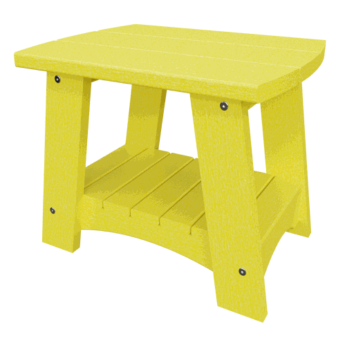 Bright yellow coastal end table made from weather-resistant poly lumber with a sturdy compact design and lower shelf for outdoor use.