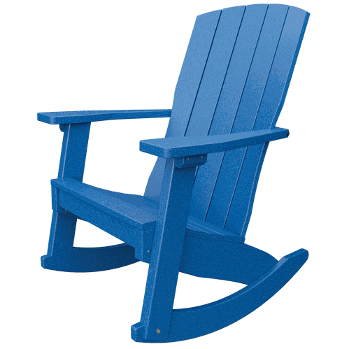 Blue Coastal Rocker outdoor rocking chair made from weather-resistant poly lumber with wide armrests and high back for comfortable relaxation.