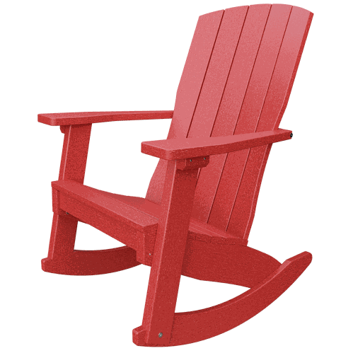 Red Coastal Rocker chair with smooth rocking motion, weather-resistant poly lumber, and supportive high back.