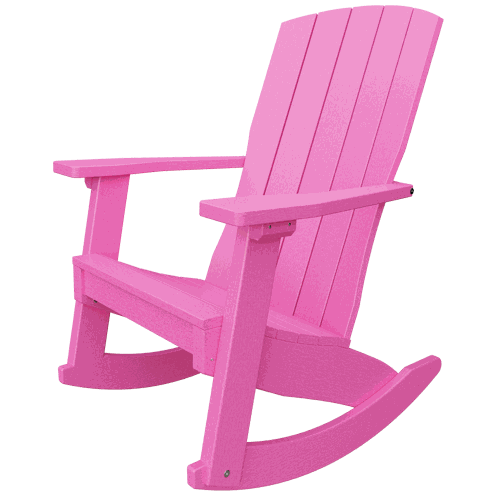 Pink Coastal Rocker chair made of weather-resistant poly lumber with high back and wide armrests for outdoor relaxation