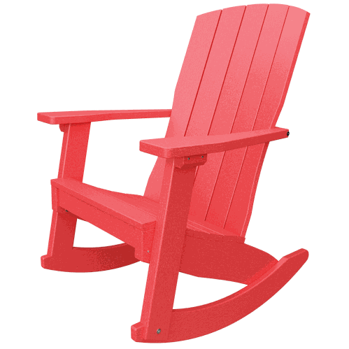 Red coastal rocker chair made from durable weather-resistant poly lumber with wide armrests and a contoured high back for outdoor relaxation.