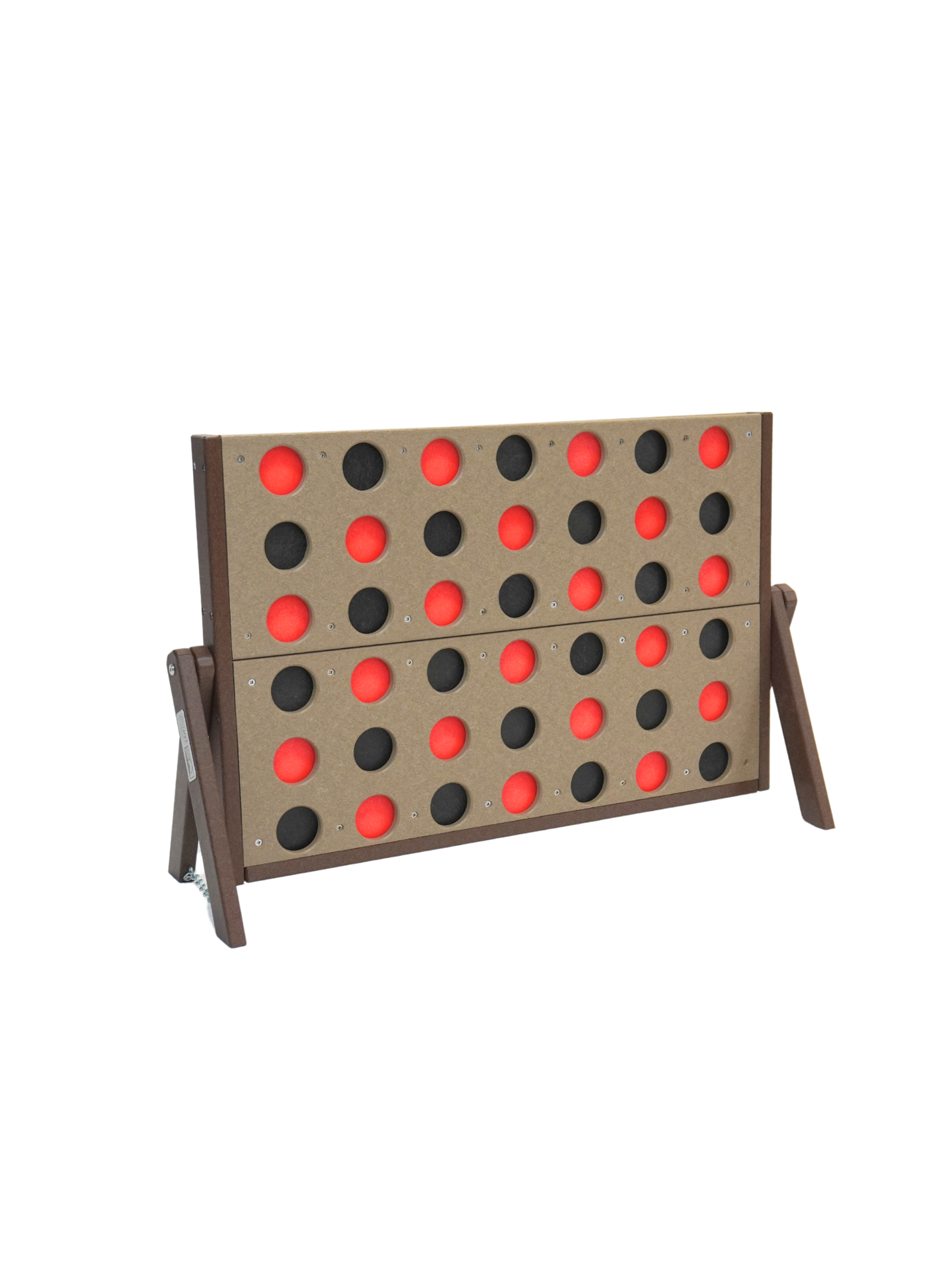 Outdoor durable Four-In-A-Row Game with red and black discs on a brown frame