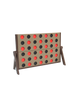 Outdoor durable Four-In-A-Row Game with red and black discs on a brown frame