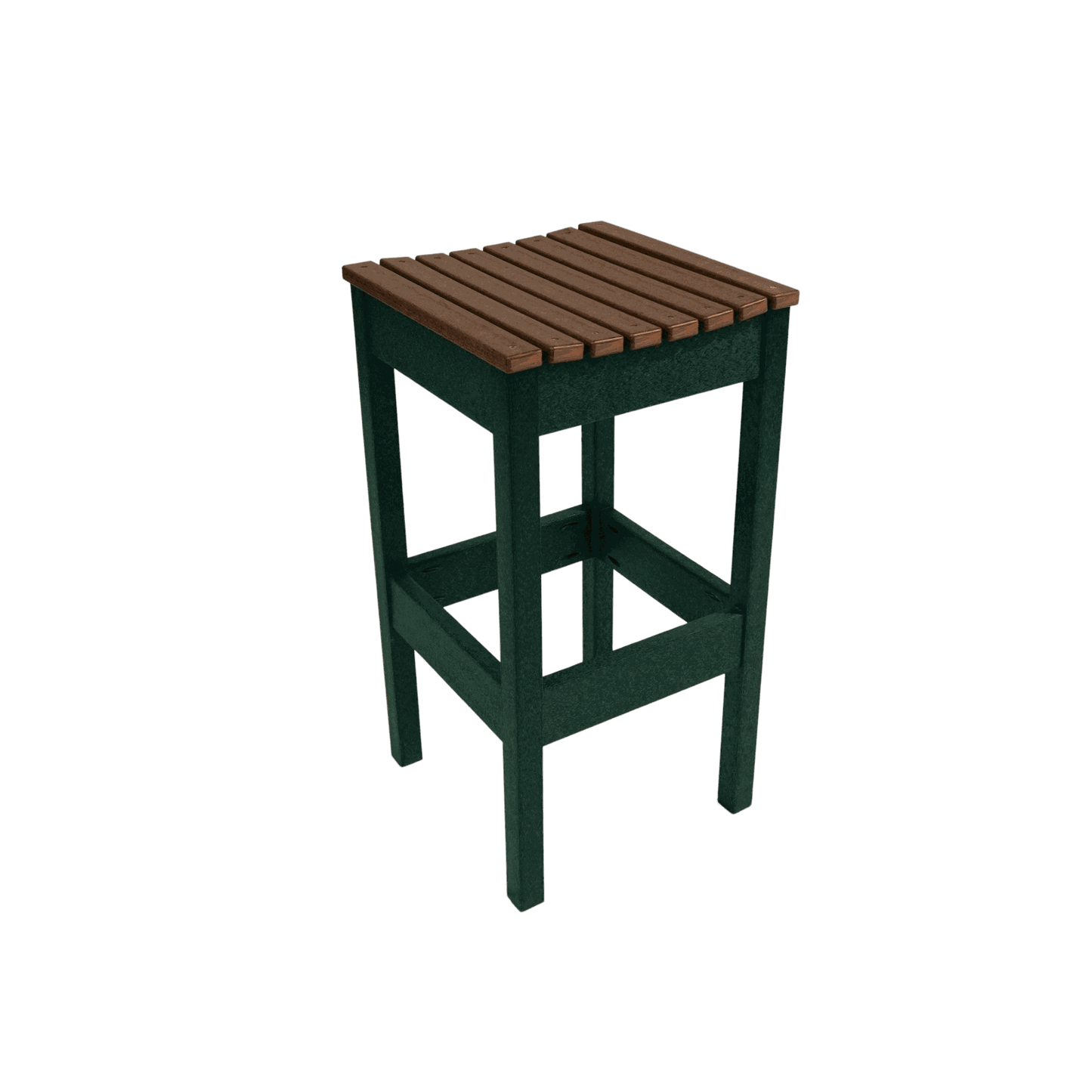 Lanai Stool outdoor bar stool with dark green frame and brown slatted seat