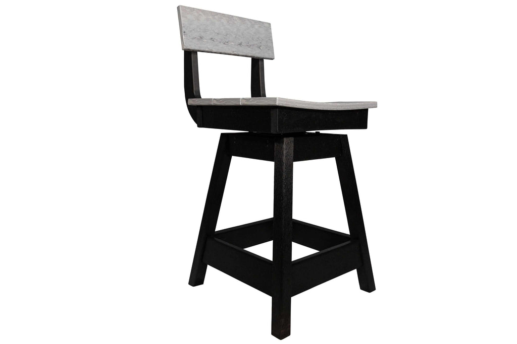 Swivel saddle stool with ergonomic curved seat, backrest, and sturdy black frame for outdoor use