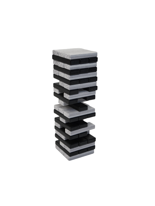 Table Top Tower Game with black and gray stacking blocks for indoor and outdoor play